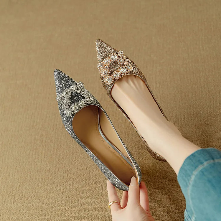 Glitter Pointed Toe Embellished Block Heel Pumps