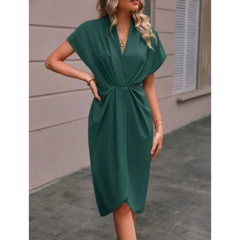 Short Sleeve Deep V Neck Draped High Waist Work Dress