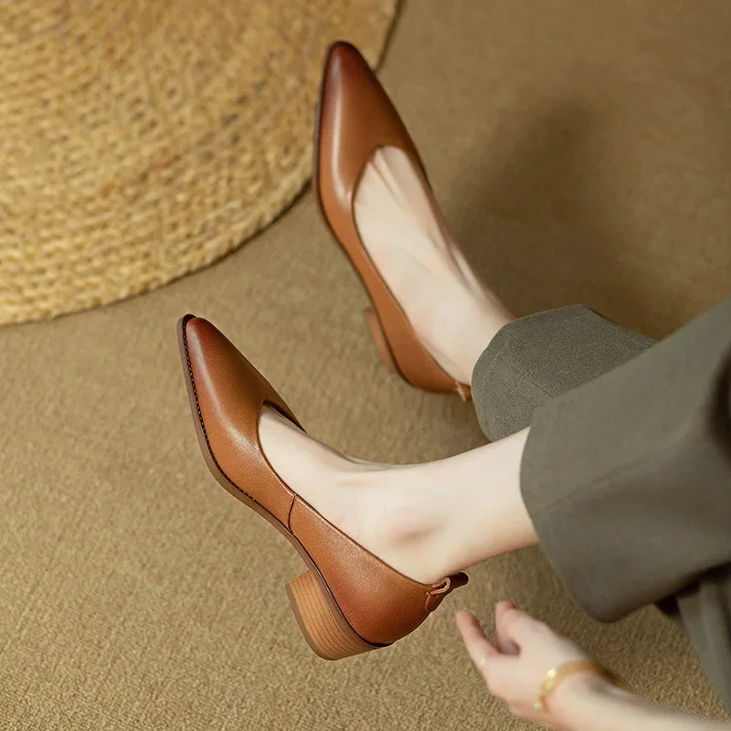 Pointed Toe Block Heel Slip On Pumps