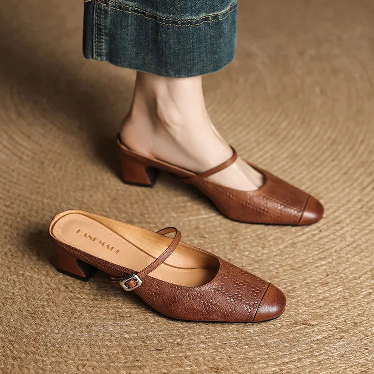 Embossed Square Toe Buckle Strap Block Heel Mary Jane Pumps