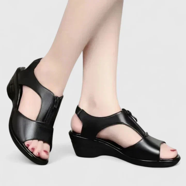 Open Toe T-Strap Zip Wedge Sandals