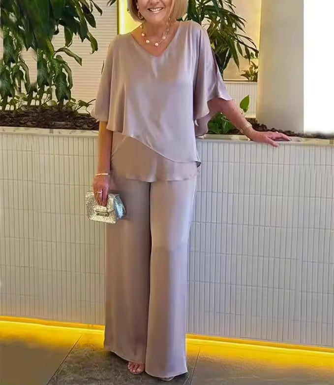 V-Neck Cape Overlay Top and Wide Leg Pants Two Piece Set