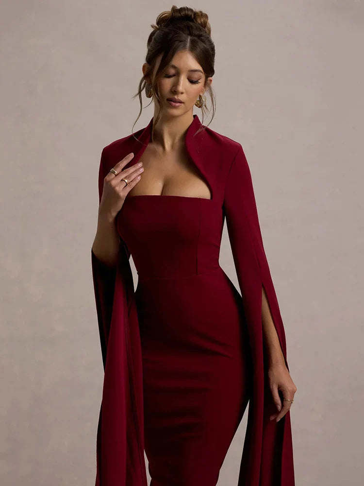 Cape Long Sleeve Back Slit Midi Dress