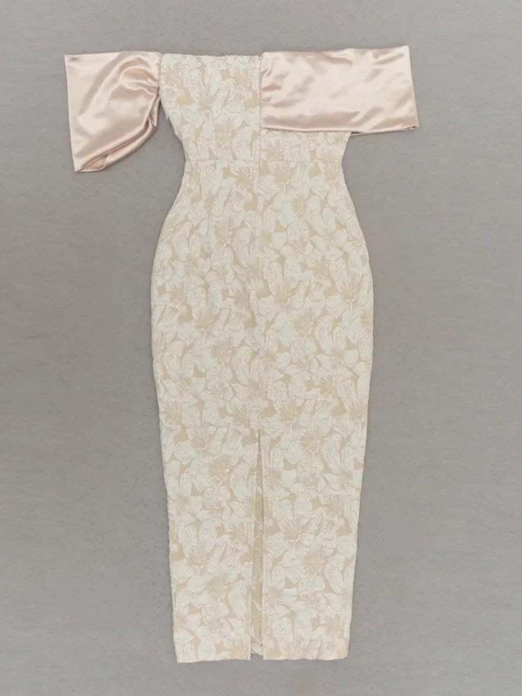 Slash Neck Embossed Flower Beige Dress