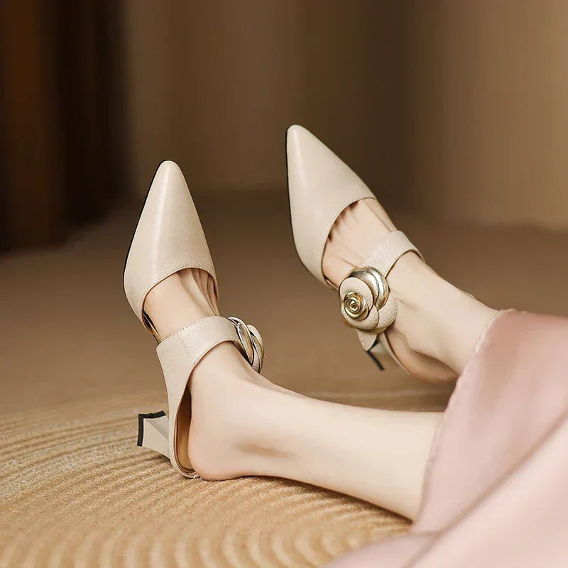 Pointed Toe Flower Buckle Block Heel Mules