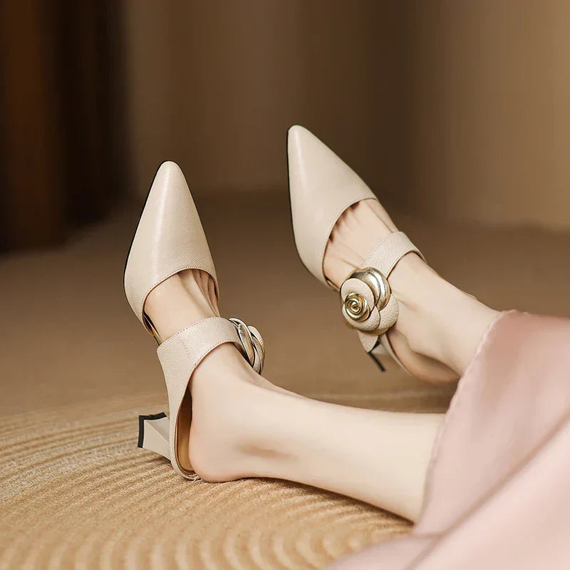 Pointed Toe Floral Buckle Spool Heel Mules
