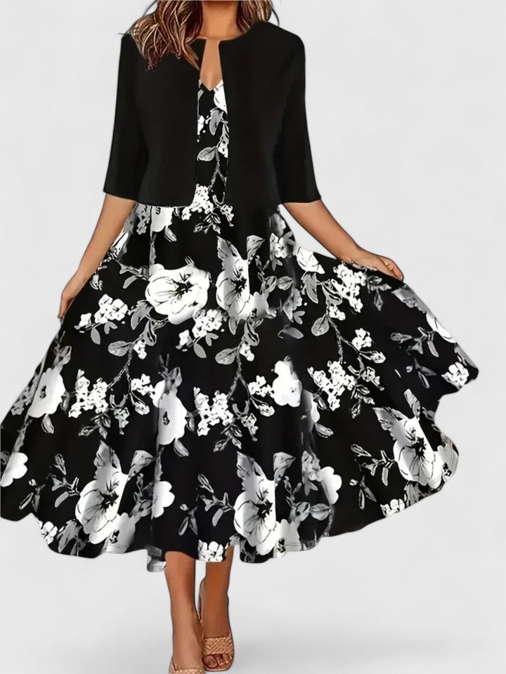 V-Neck Floral Print Fit and Flare Midi Dress