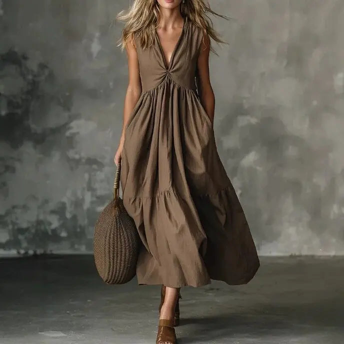 Deep V-Neck Twist Front Sleeveless Tiered Maxi Dress