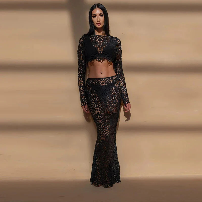 Crochet See Through Flare Sleeve Long Two Piece Skirt Set