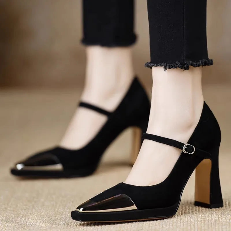 Pointed Toe Metal Cap Ankle Strap Block Heel Pumps