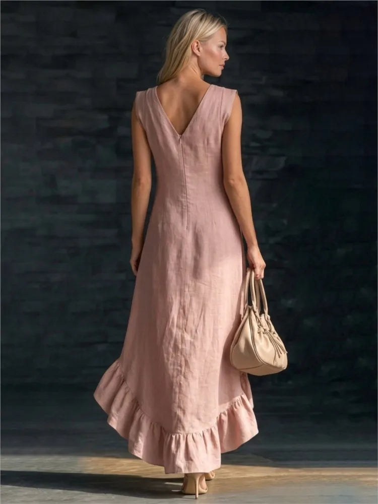 V-Neck Sleeveless Ruffle Hem High Low Maxi Dress