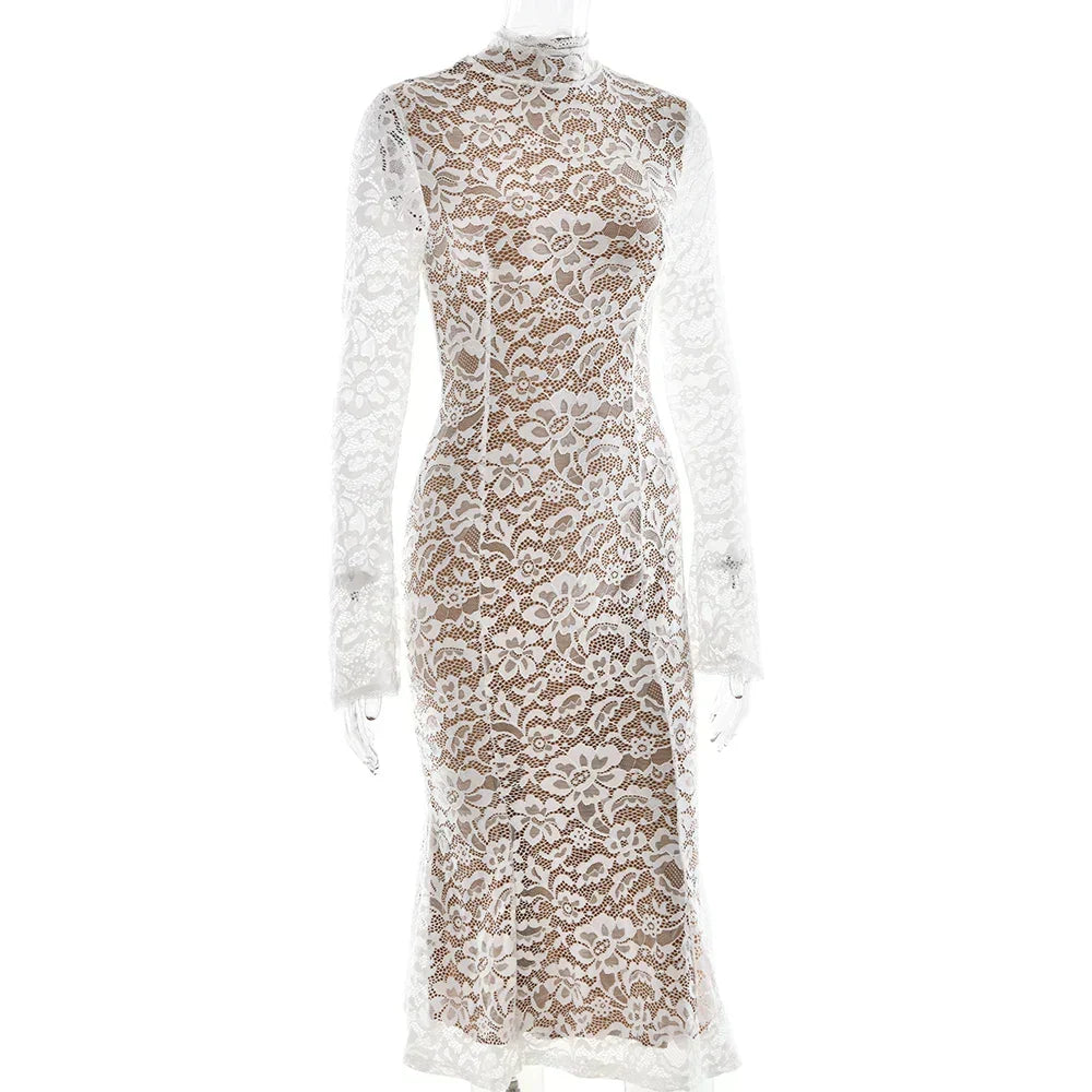 Lace High Neck Long Sleeve Mermaid Hem Bodycon Midi Dress 7