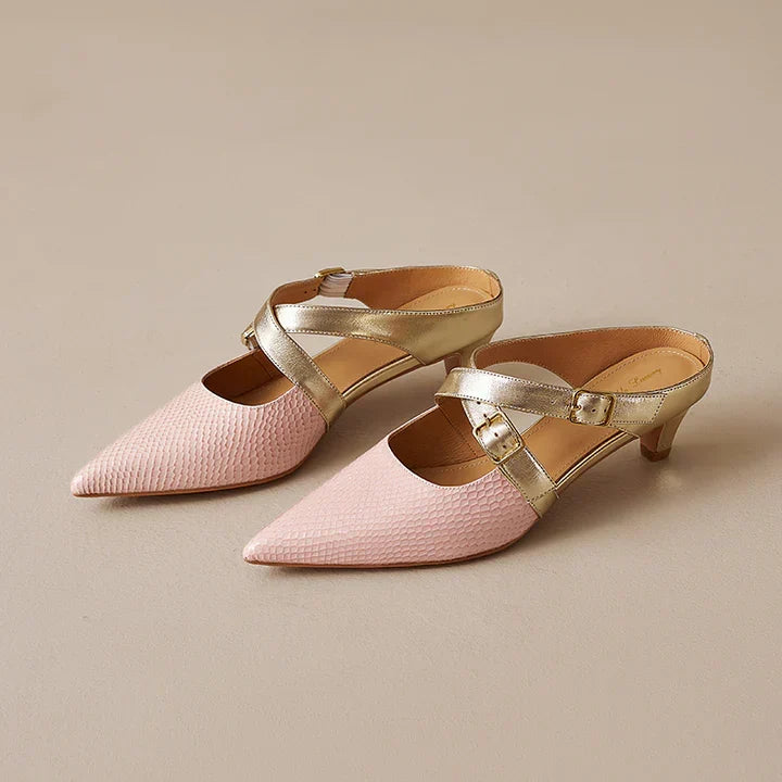 Pointed Toe Cross Ankle Strap Buckle Slingback Heels