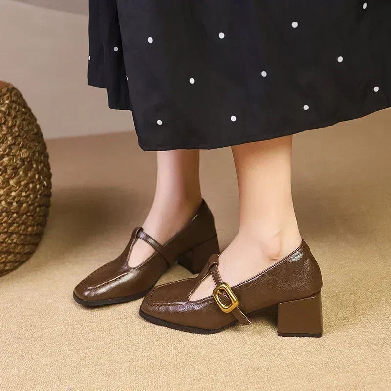 Square Toe T-Strap Buckle Block Heel Mary Jane Pumps