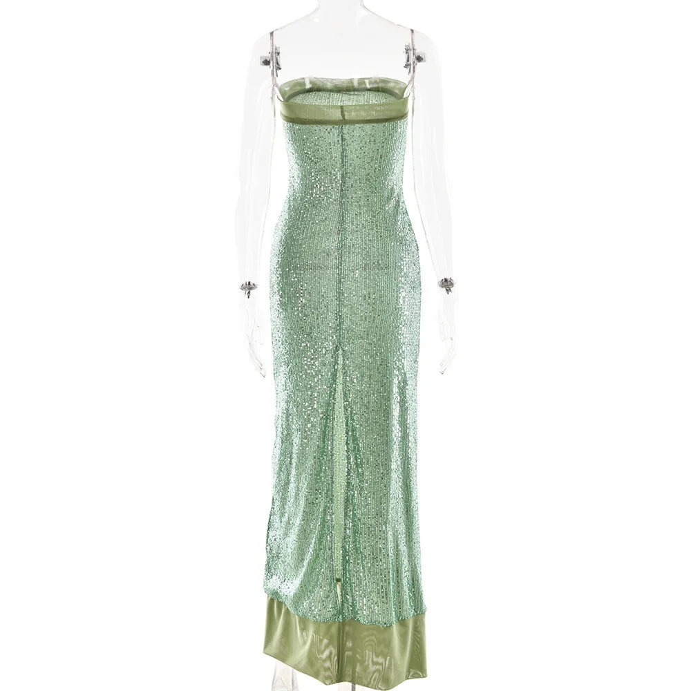 Sequin Strapless Bodycon Maxi Dress with Chiffon Hood Scarf 20