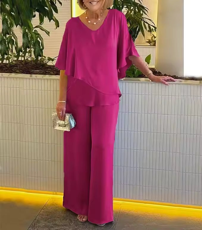 V-Neck Cape Overlay Top and Wide Leg Pants Two Piece Set