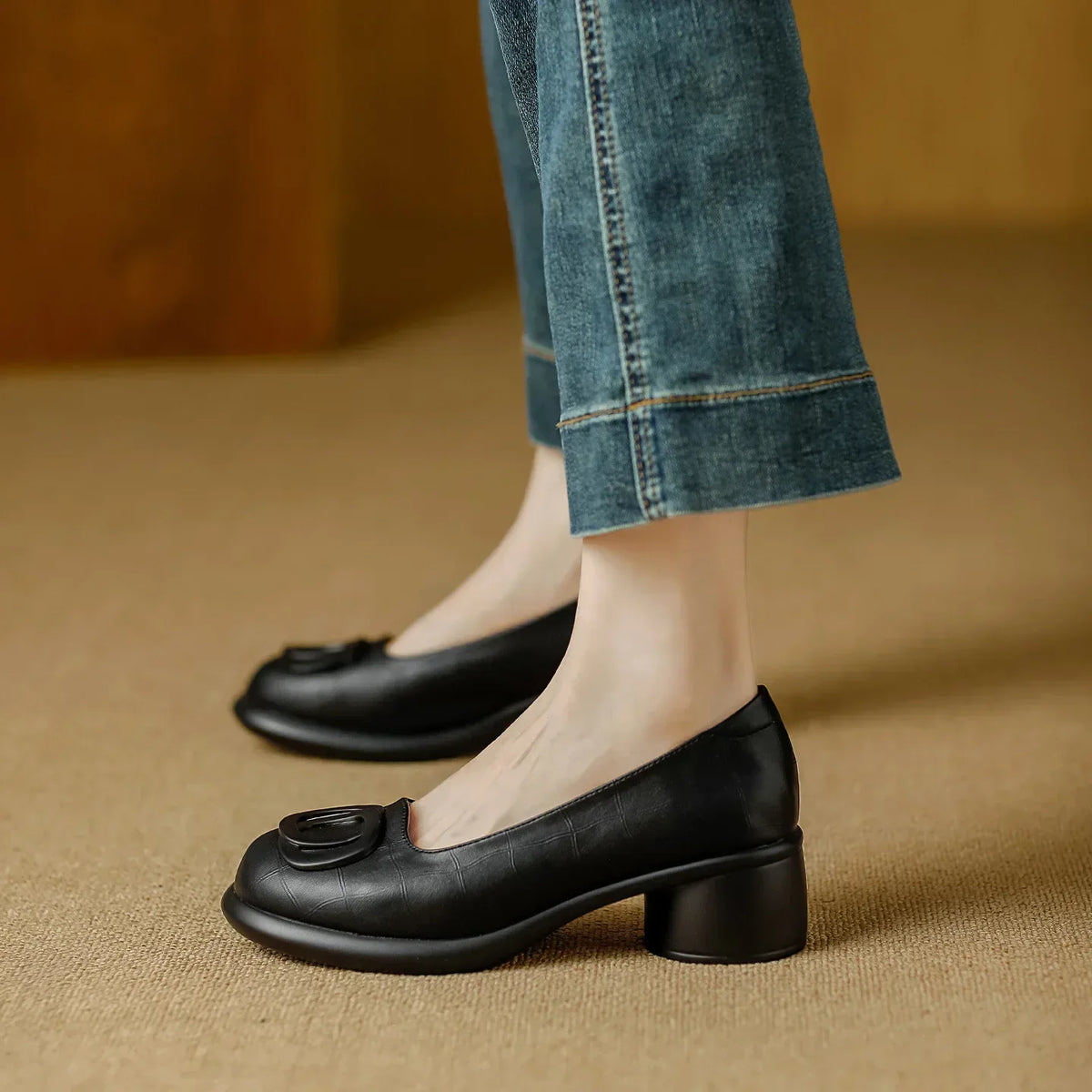 Round Toe Slip On Buckle Block Heel Pumps