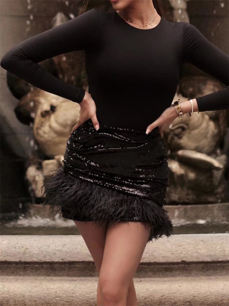 Sequin Pleated Denim Mini Skort