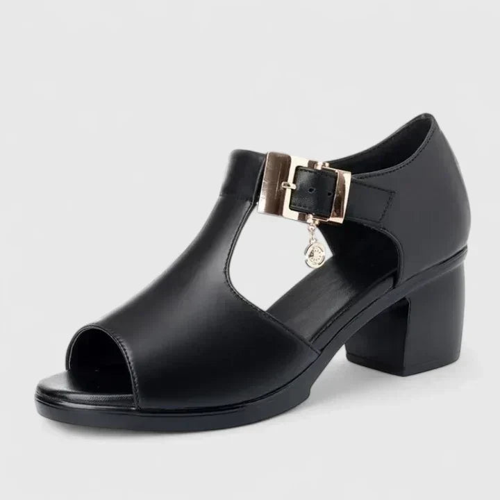 Peep Toe Buckle T-Strap Block Heel Sandals