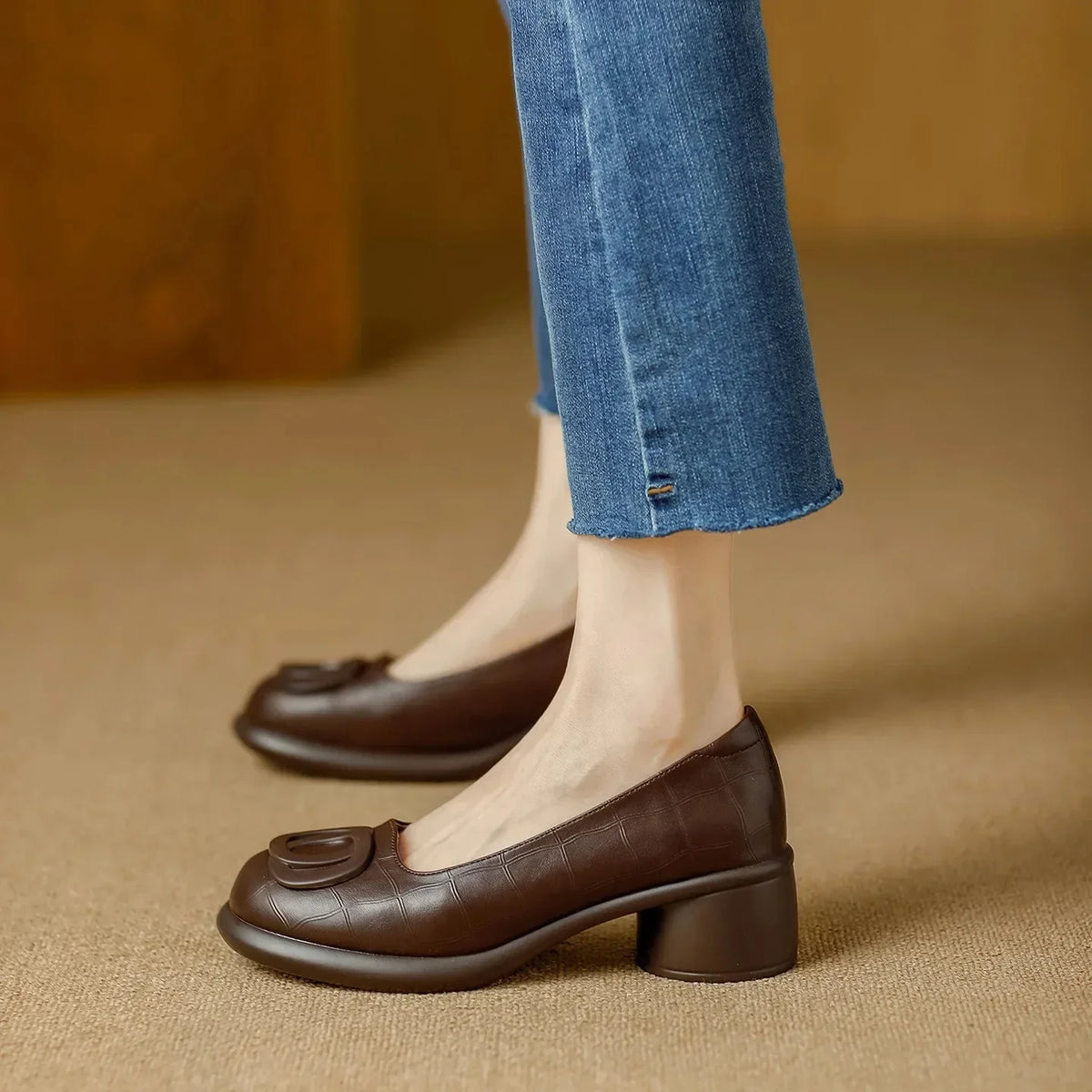 Round Toe Slip On Buckle Block Heel Pumps