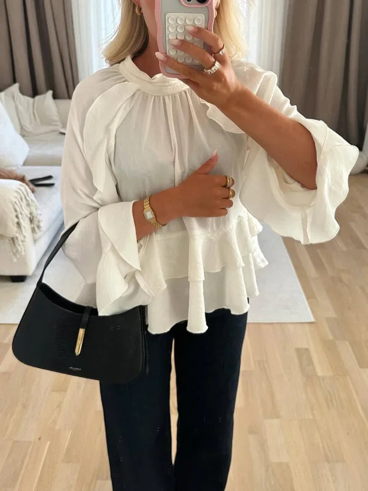 Elegant Long Puff Sleeve Chiffon Ruffled Blouse