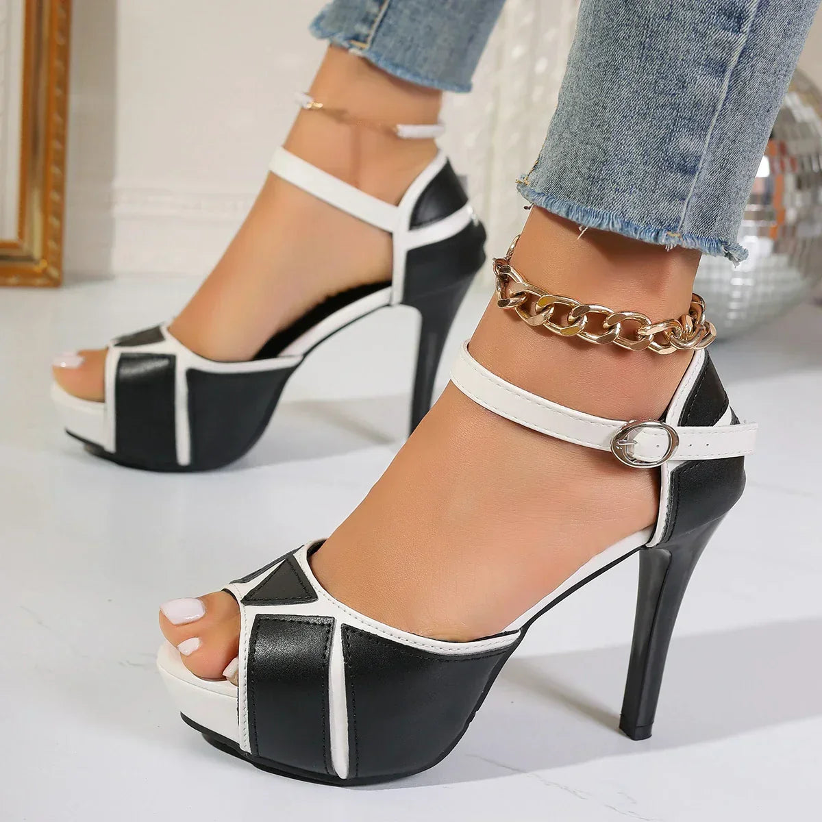 Peep Toe Ankle Strap Platform Stiletto Heel Sandals