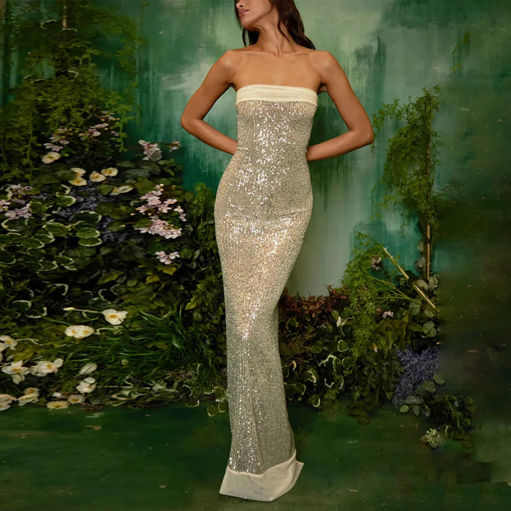 Sequin Strapless Bodycon Maxi Dress with Chiffon Hood Scarf 16