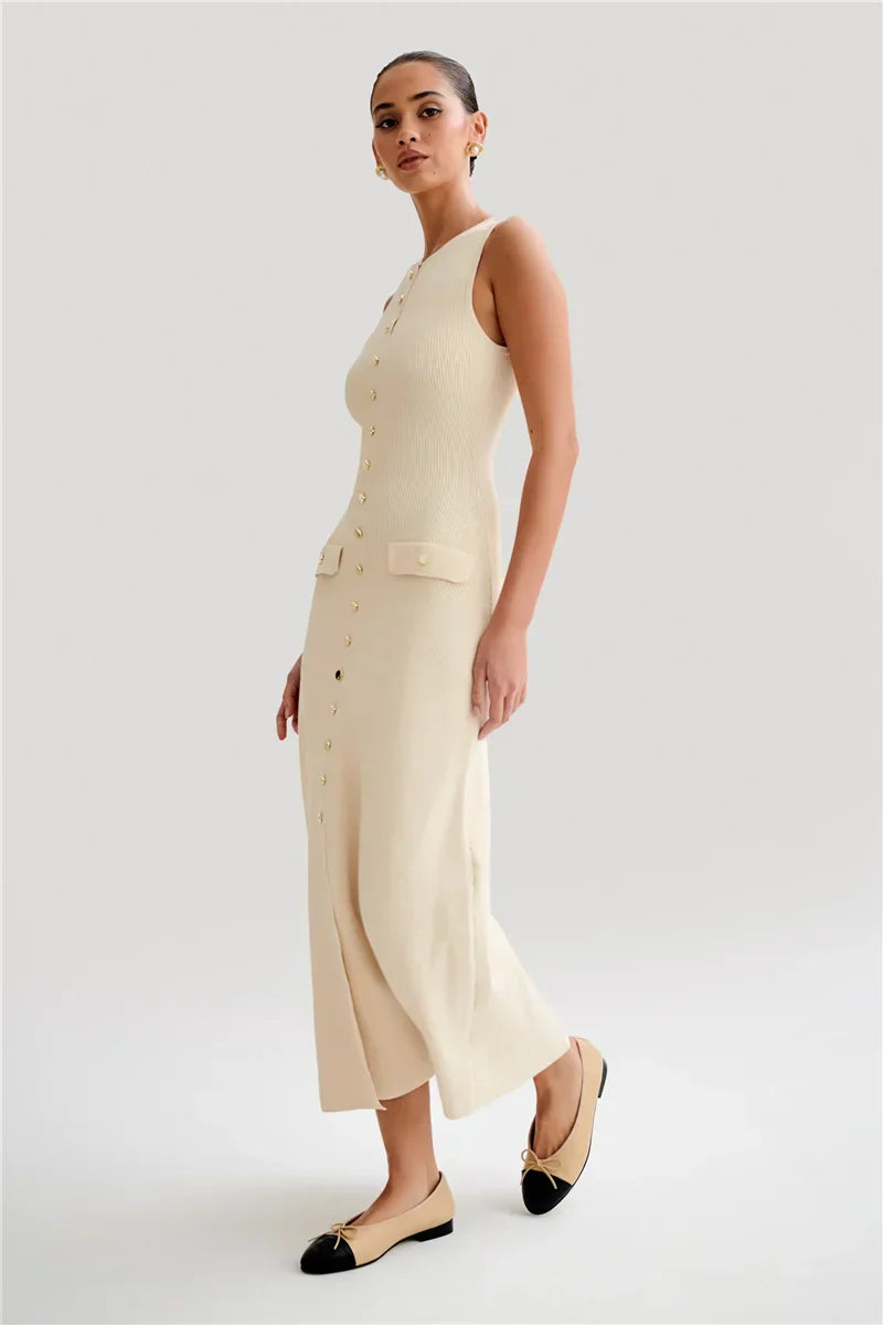 Knit Maxi Dress with Pockets Button - Front
