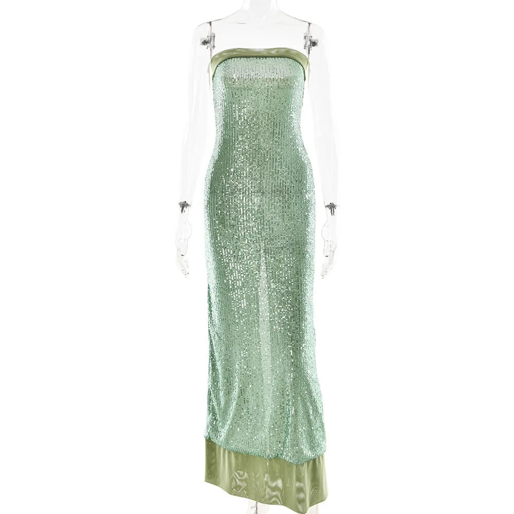 Sequin Strapless Bodycon Maxi Dress with Chiffon Hood Scarf 19