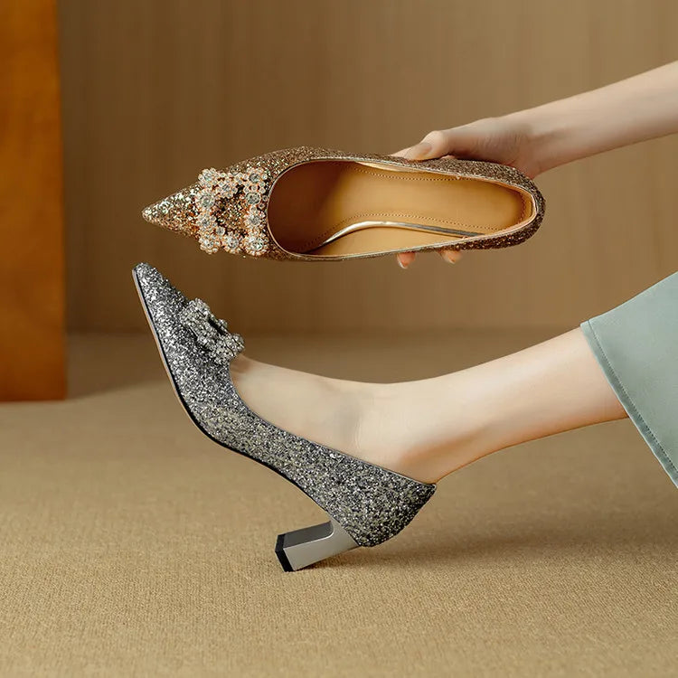 Pointed Toe Glitter Rhinestone Buckle Block Heel Pumps