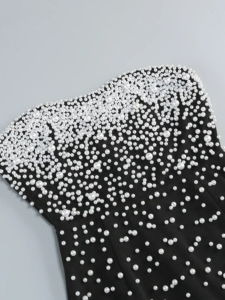 Strapless Faux Pearl Beaded Embellished Column Maxi Gown 10