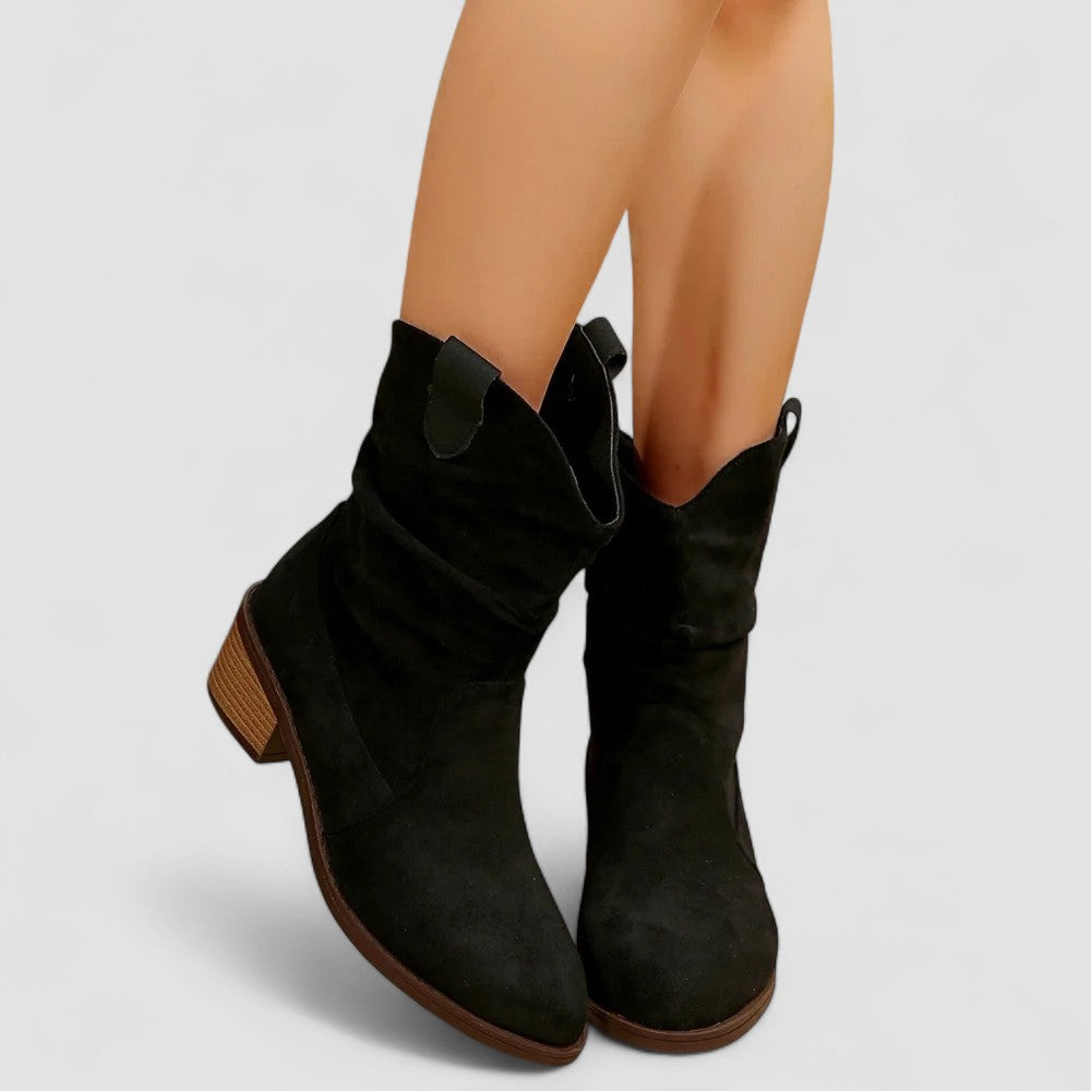Suede Look Slouch Pointed Toe Block Heel Western Boots