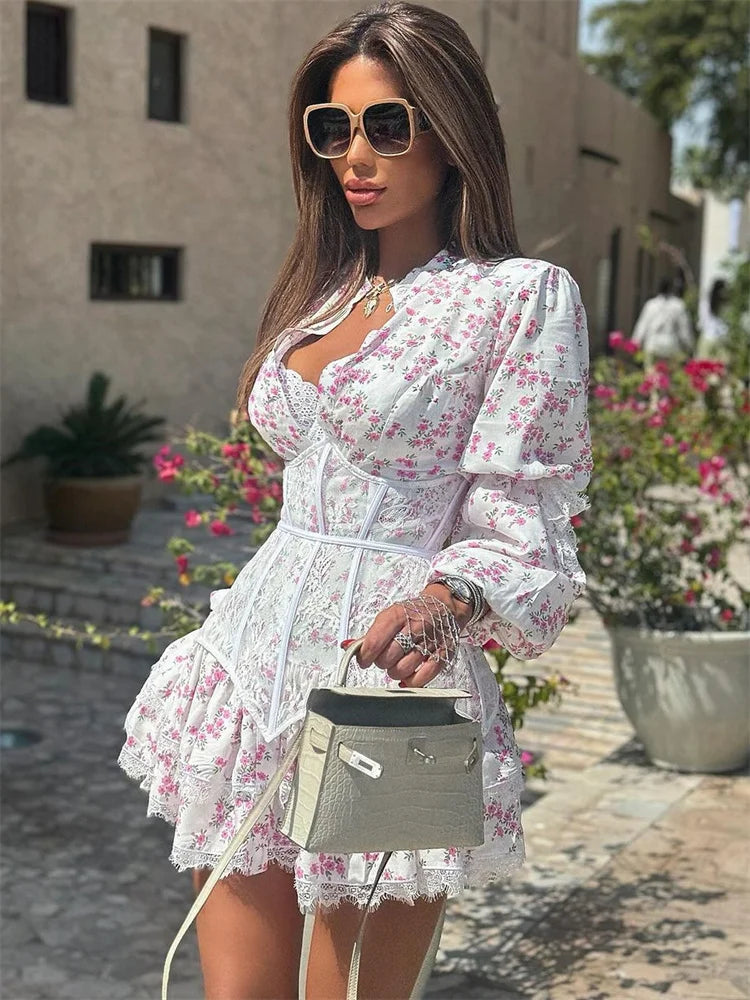 Ruffled V-neck Lace Floral Dress 2