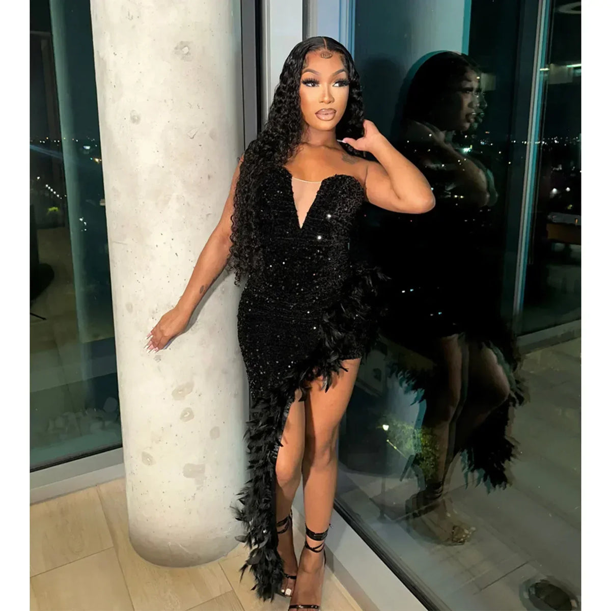 Sequin Strapless Mesh Insert V-Neck Faux Feather Trim High Low Party Dress