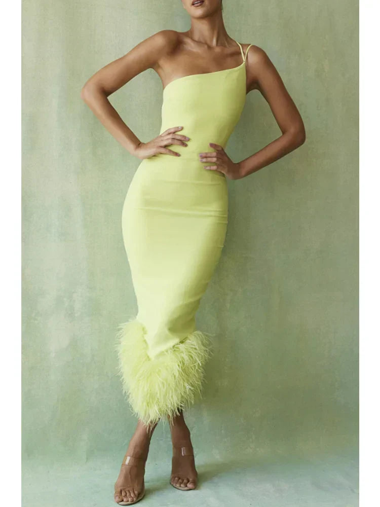 One Shoulder Double Strap Feather Hem Bodycon Midi Dress