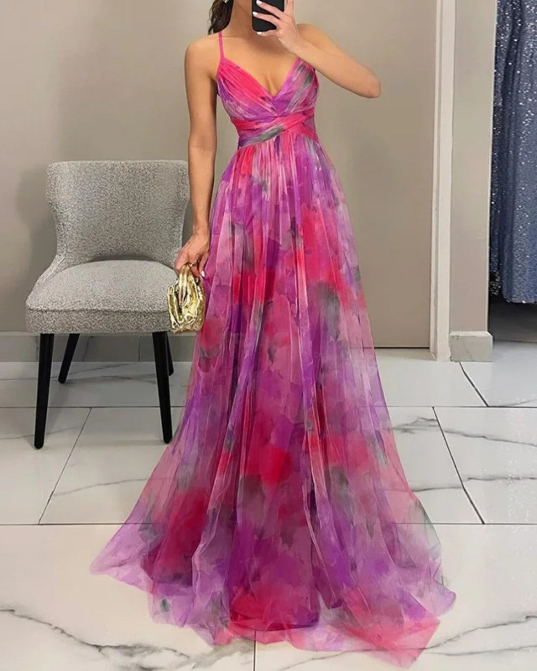 Floral Print Chiffon Deep V-Neck Ruched Waist A-Line Maxi Dress