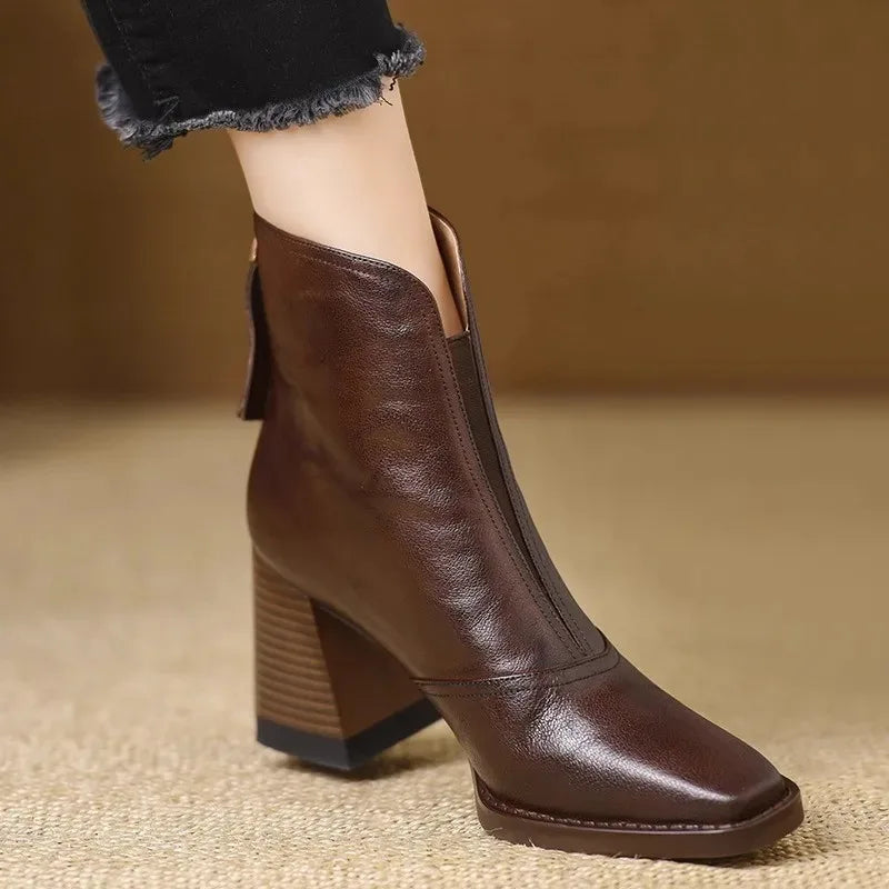 Square Toe Block Heel Back Zip Ankle Boots