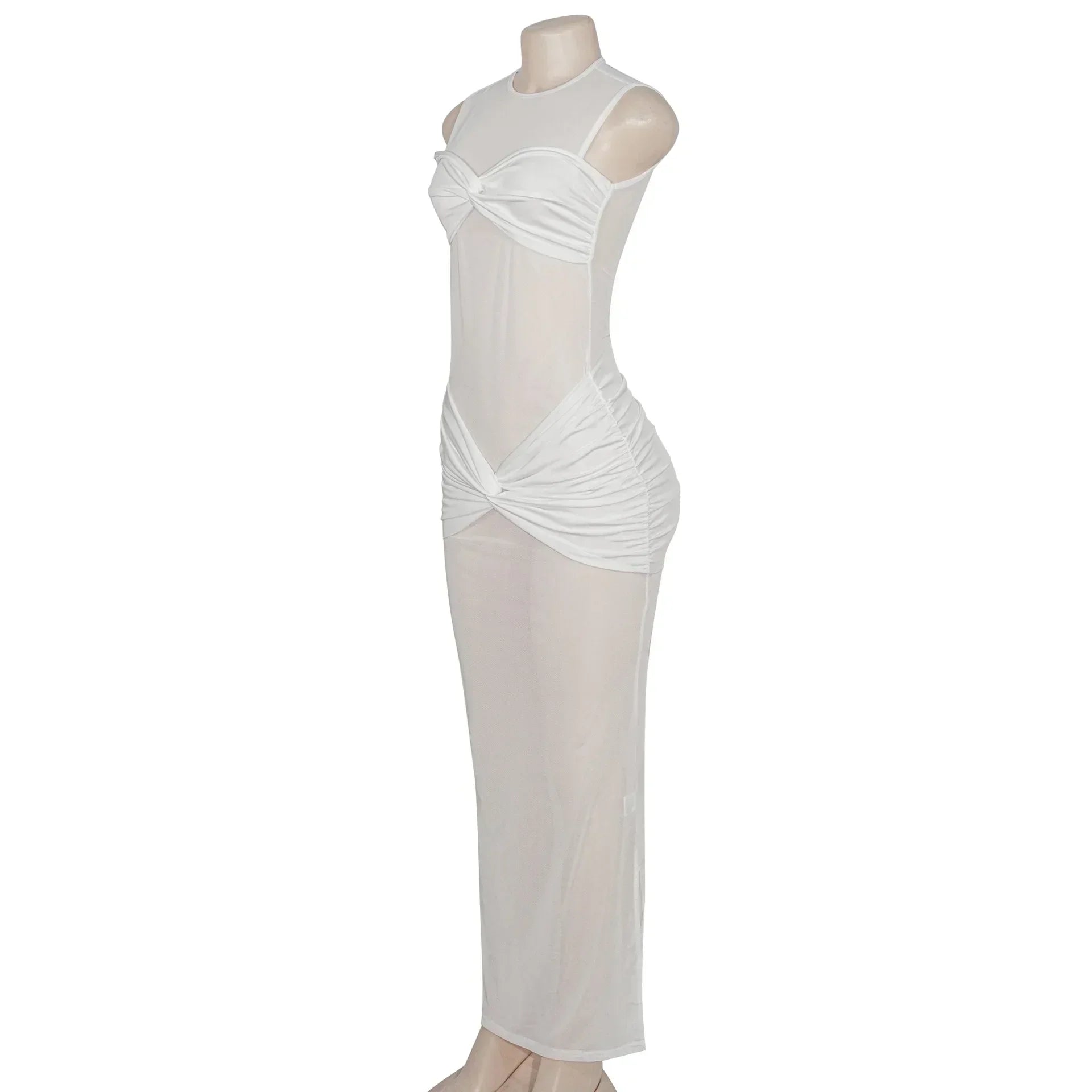 White See - Through Pleated Mesh Long Dress