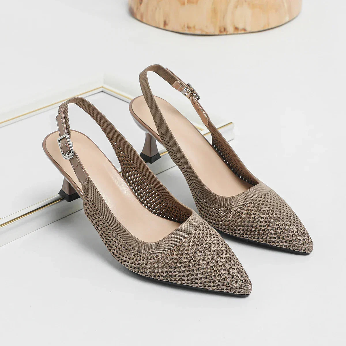 Pointed Toe Slingback Mesh Kitten Heel Pumps