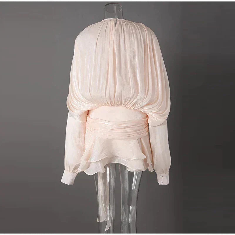 Pleated Chiffon Tie Neck Lantern Sleeve Sash Waist Ruffle Mini Dress 7