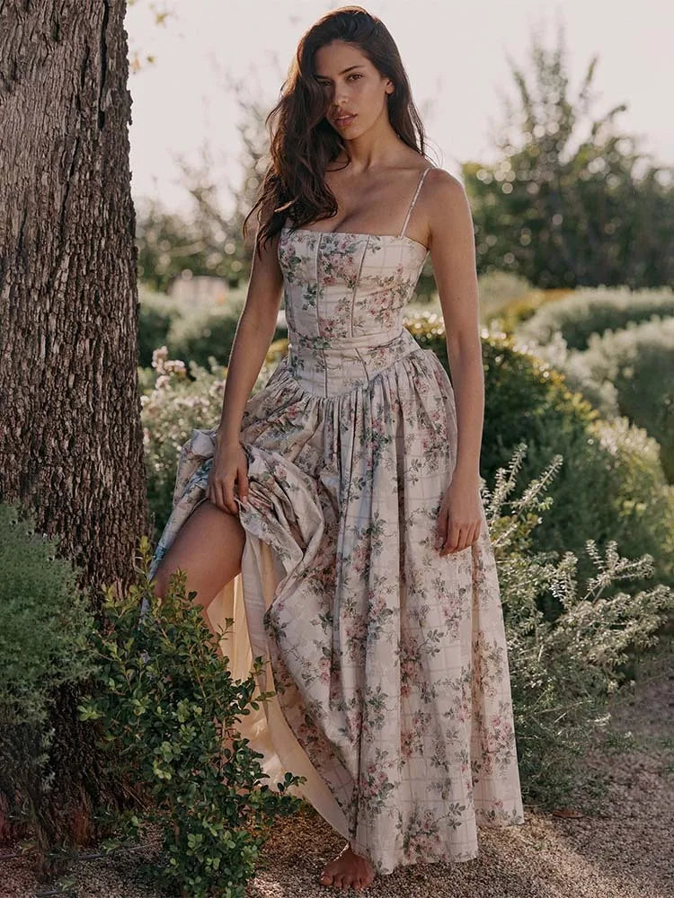 Pleated Print Aline Spaghetti Summer Dress