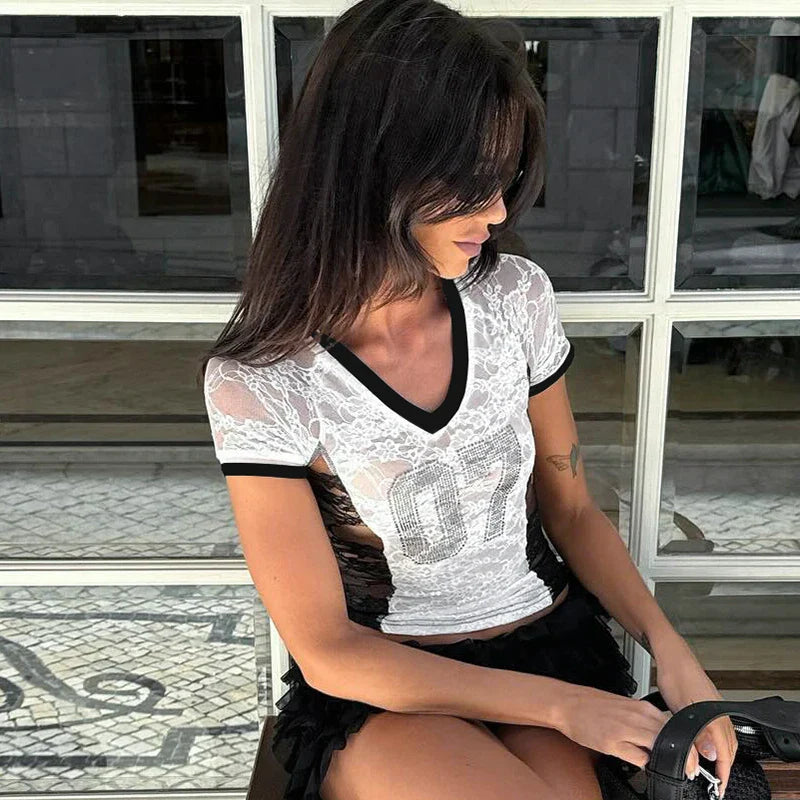 Patchwork Rhinestone Lace Tshirt