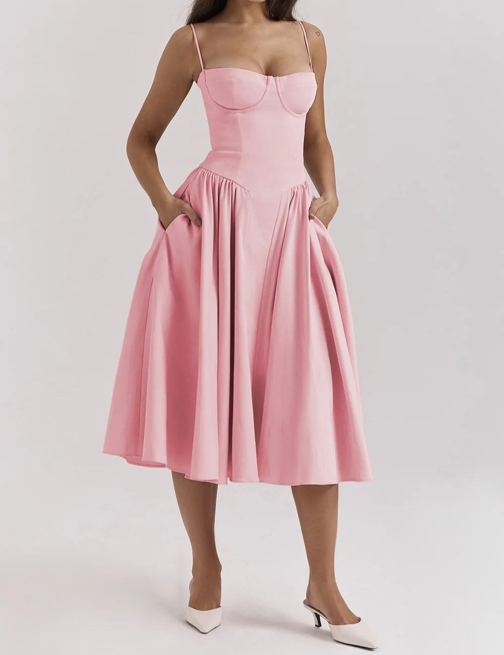 Spaghetti Strap Sweetheart Corset Fit and Flare Midi Dress