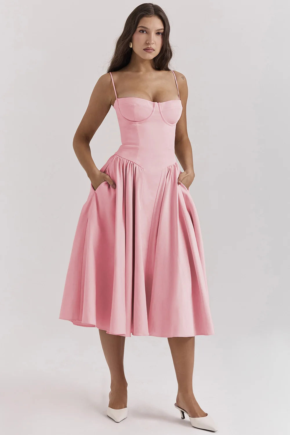 Milagros Premium Open-Shoulder Midi Dress with a Corset Fit Elevated Occasion Wear