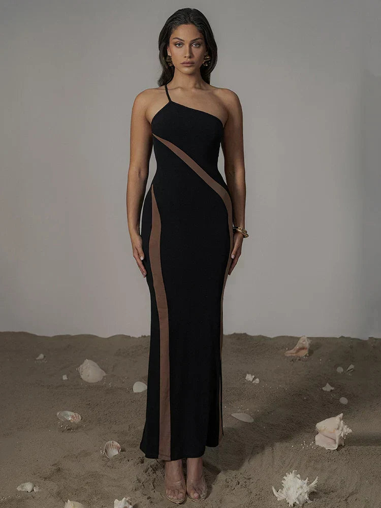 One Shoulder Contrast Mesh Panel Bodycon Maxi Dress