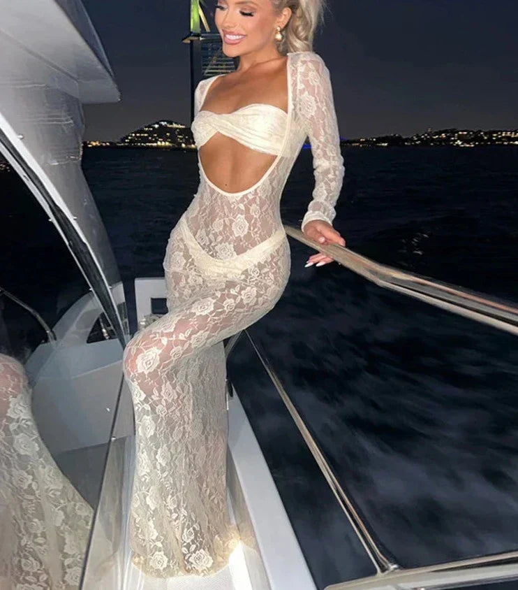Sheer Floral Lace Long Sleeve Cut Out Twist Bust Bodycon Maxi Dress
