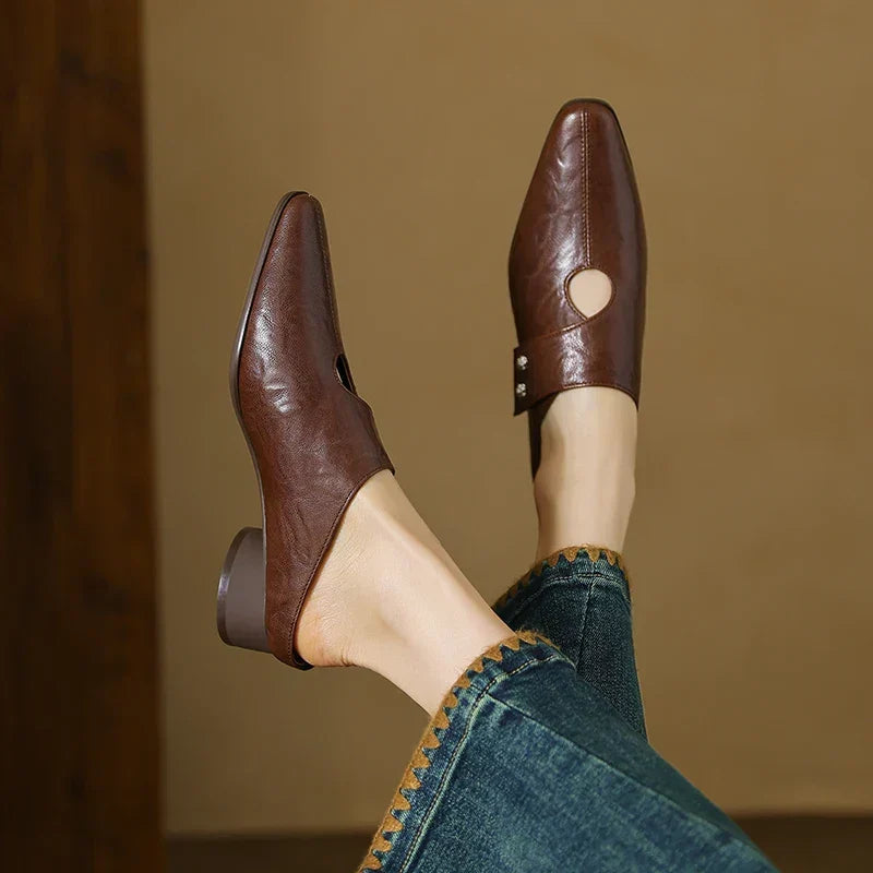 Square Toe Cut Out Block Heel Mules