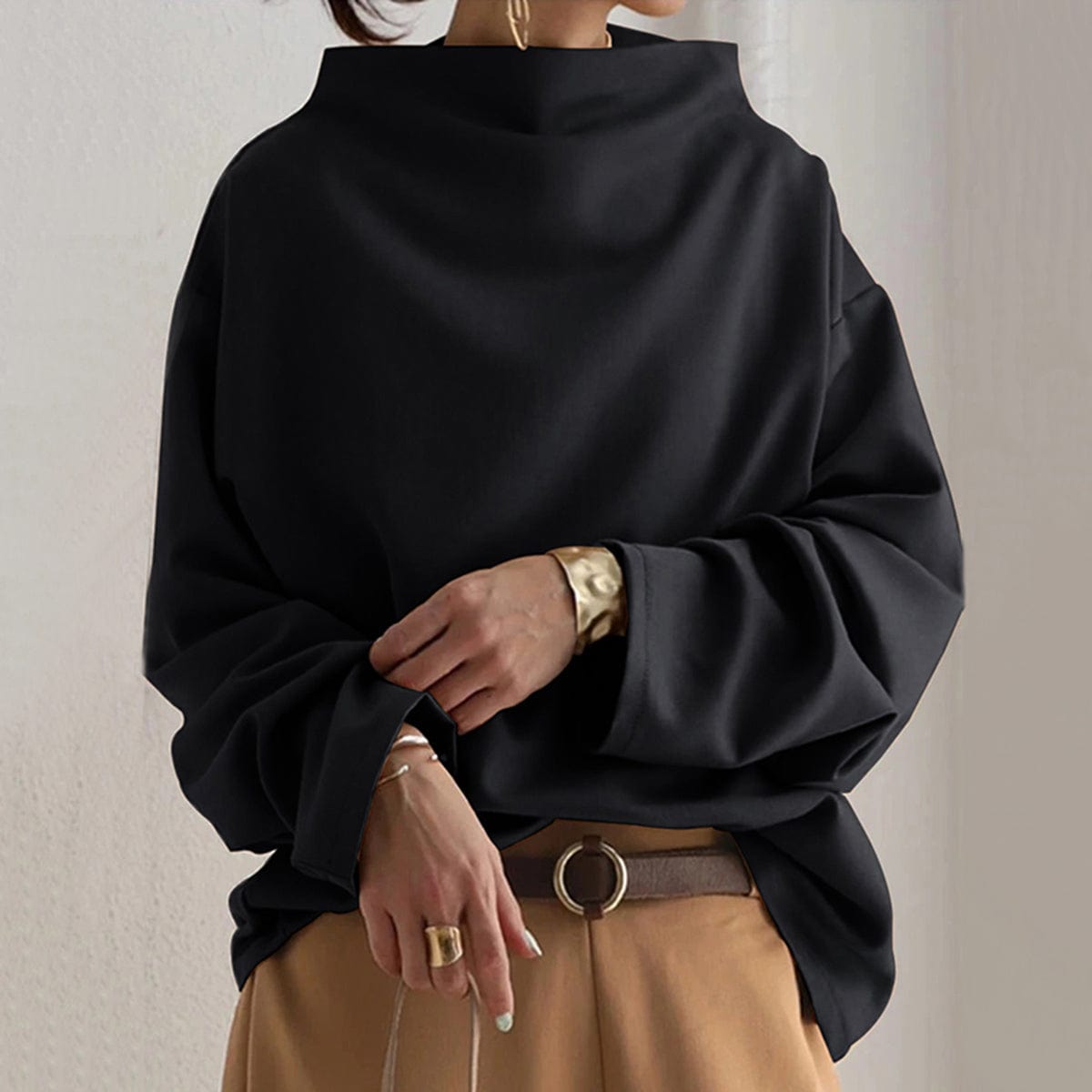 Mock Neck Long Sleeve Drop Shoulder Top