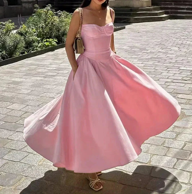 Spaghetti Strap Sweetheart Bustier Pocket Flared A-Line Midi Dress