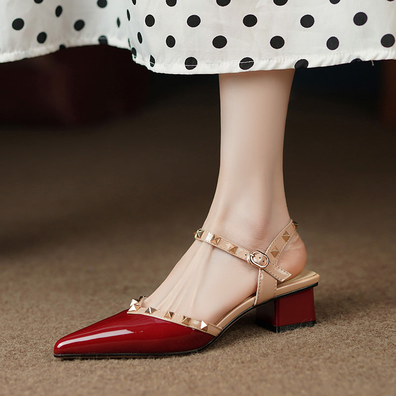 Pointed Toe Studded Slingback Block Heel Pumps